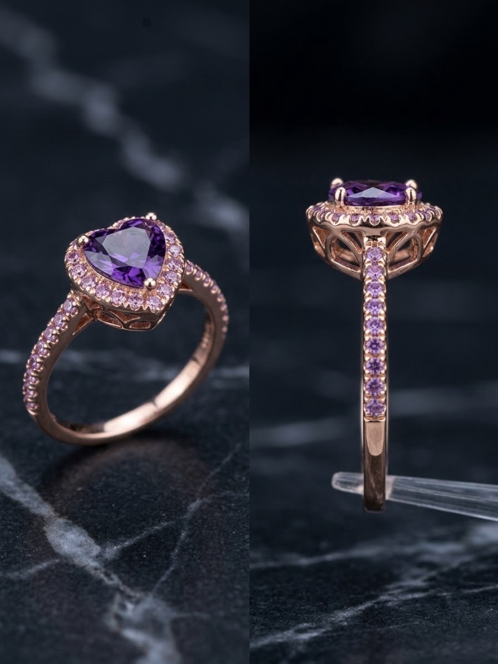 Elegant NEW Heart-Shaped Purple Stone Rose Gold Filled Ring Size 6, Box Included